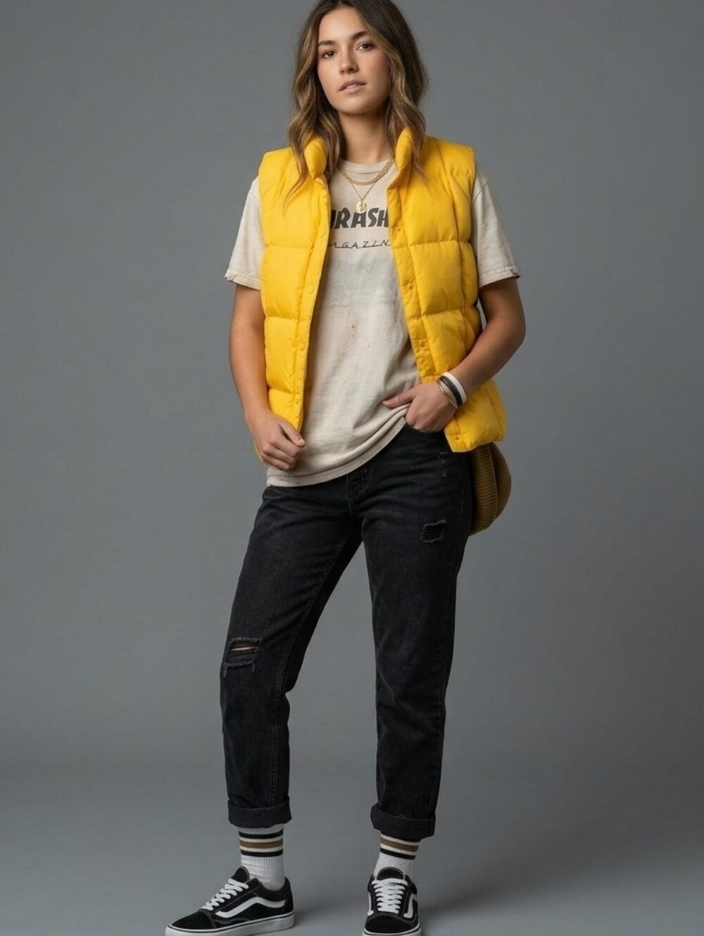 Lands' End Yellow Goose Down Puffer Vest Nylon Snap Front! Size M